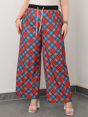  Plaid Print Drawstring Wide Leg Pants