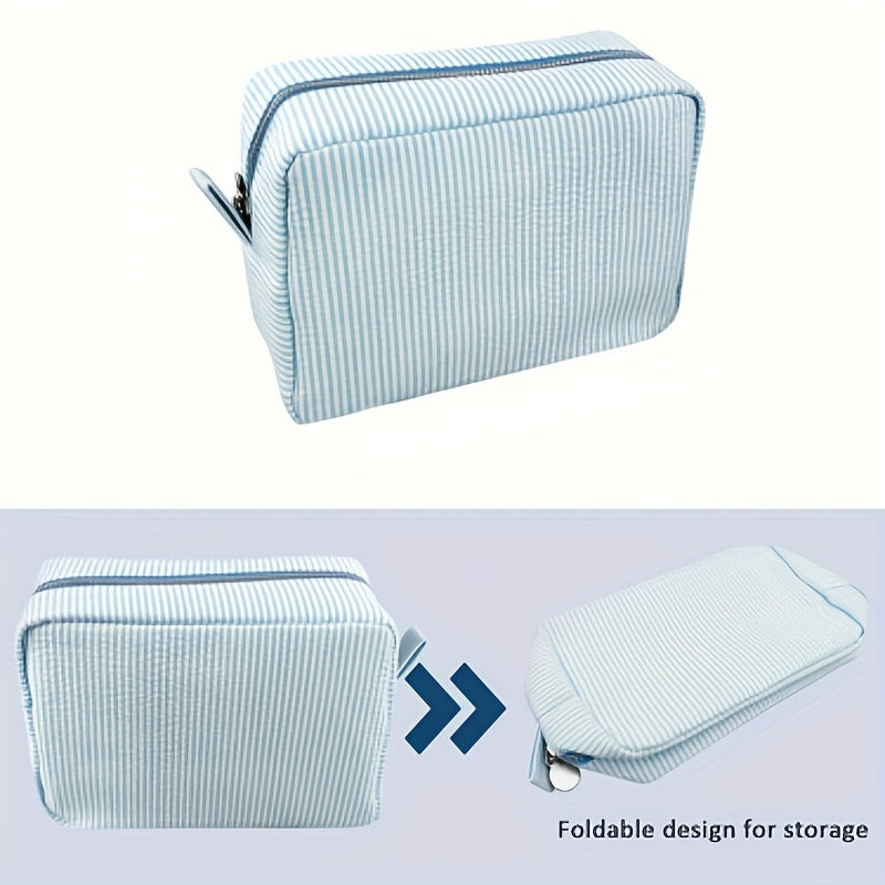 Seersucker Makeup Bag Large Capacity Travel Toiletry Case Zipper Closure