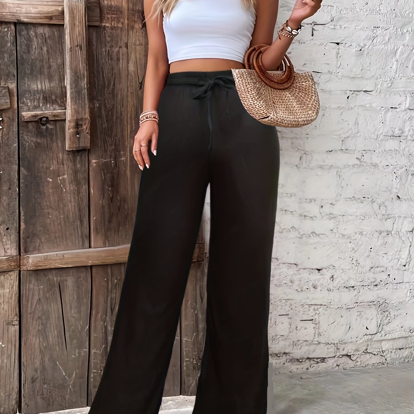  Ribbed Drawstring Straight Leg Trousers