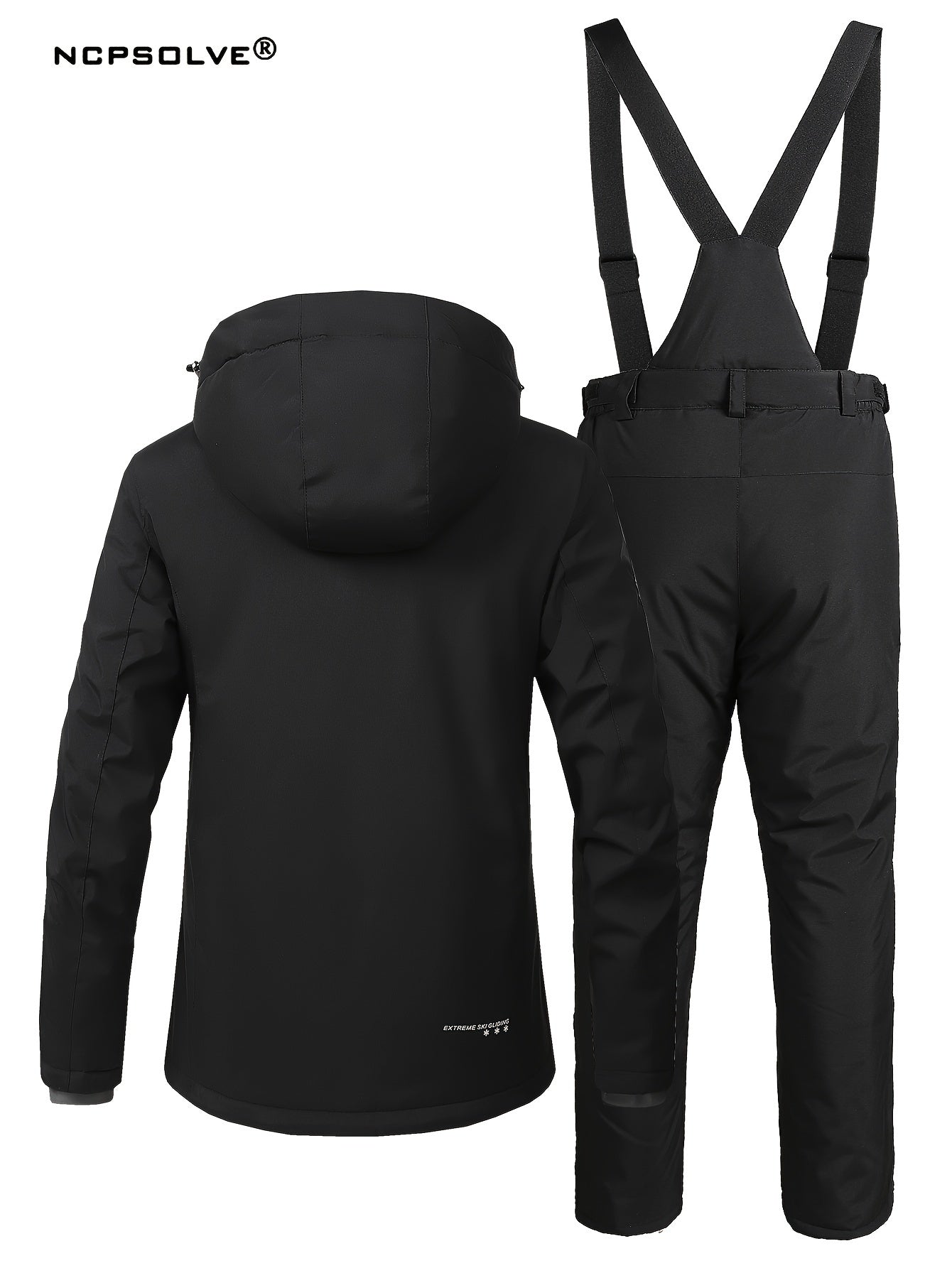 Windproof Snowflake Print Ski Set Hooded Jacket & Suspender Trouser Ski Suit