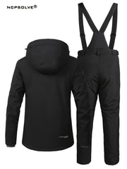 Windproof Snowflake Print Ski Set Hooded Jacket & Suspender Trouser Ski Suit