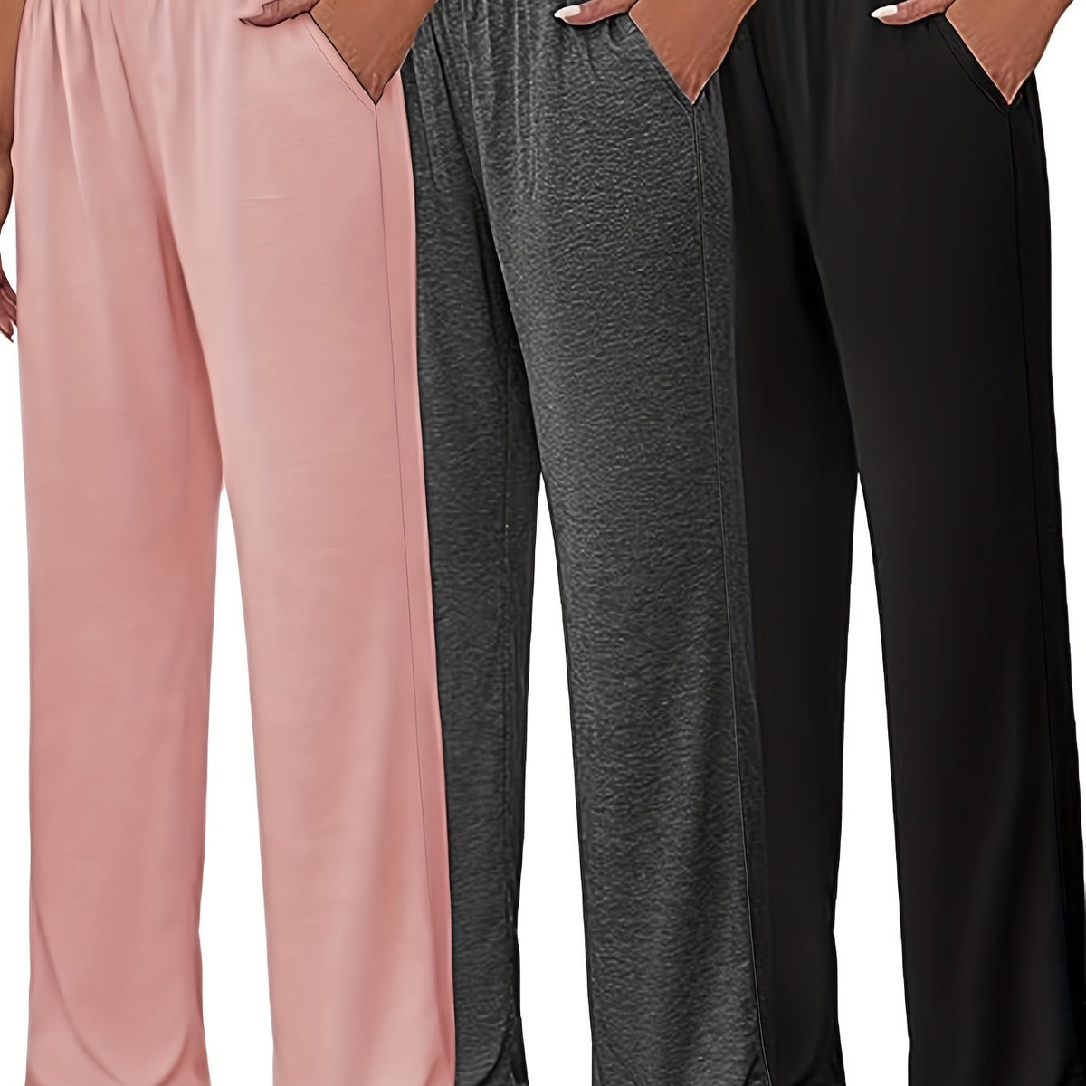 3 Pack Plus Size Sports Pants High Rise Wide Leg Trousers With Pockets