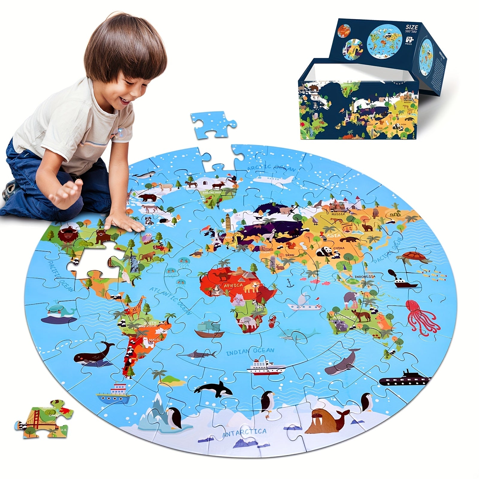 70pc Animal Floor Puzzle for Kids 3+ Circular World Map Wildlife Durable