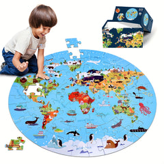 70pc Animal Floor Puzzle for Kids 3+ Circular World Map Wildlife Durable