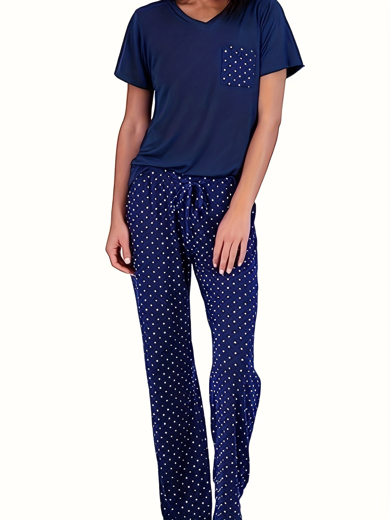  Polka Dot Pajama Set V-Neck Tee & Pants Lounge Set