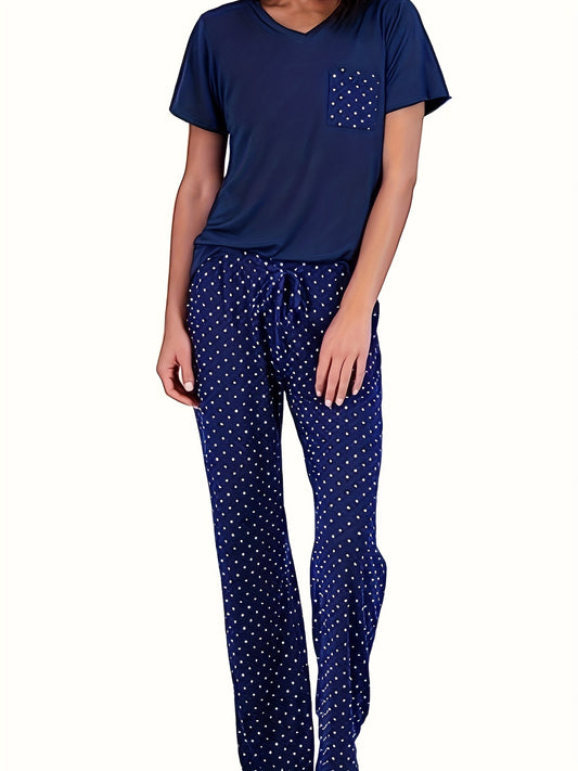  Polka Dot Pajama Set V-Neck Tee & Pants Lounge Set