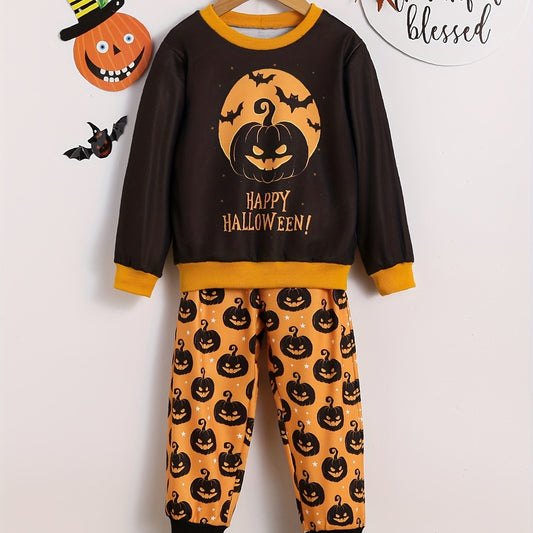 Toddler Boy's Pumpkin Pattern Outfit 2pcs Sweatshirt & Sweatpants Set