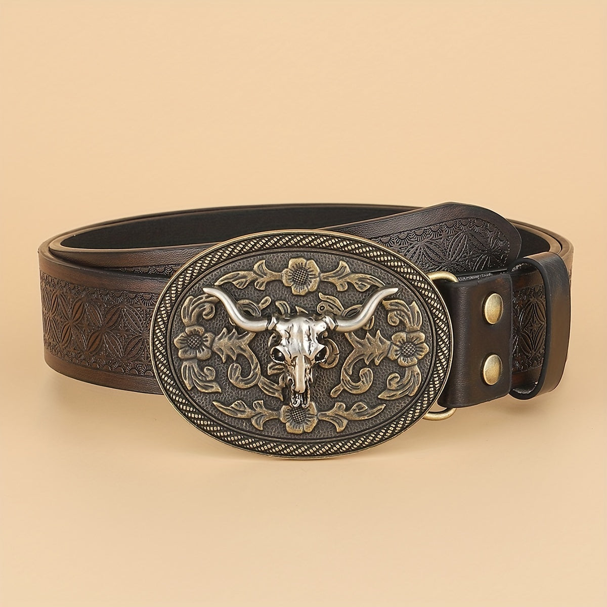 Vintage Coffee Cowboy Belt with Animal Head Buckles