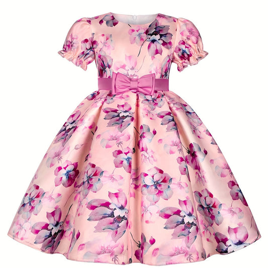 Floral Bowknot Puff Sleeves Princess Dress for Dance Party
