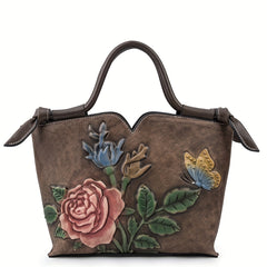 Vintage Red Leather Women's Handbag with Floral Embossing