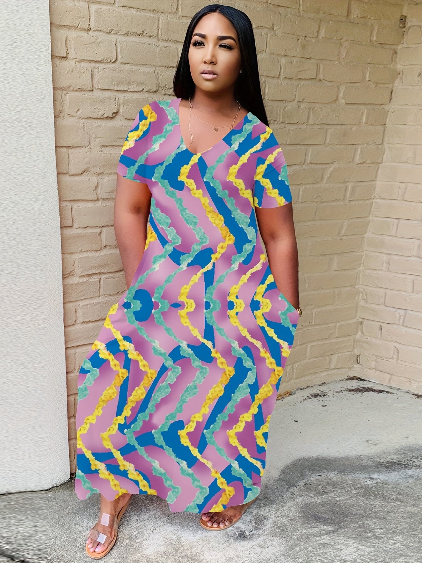  Colorful Stripe Print Maxi Dress with Pockets