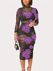 Sexy Floral Print 3pc Set Crop Top Shorts Bodycon Mesh Dress