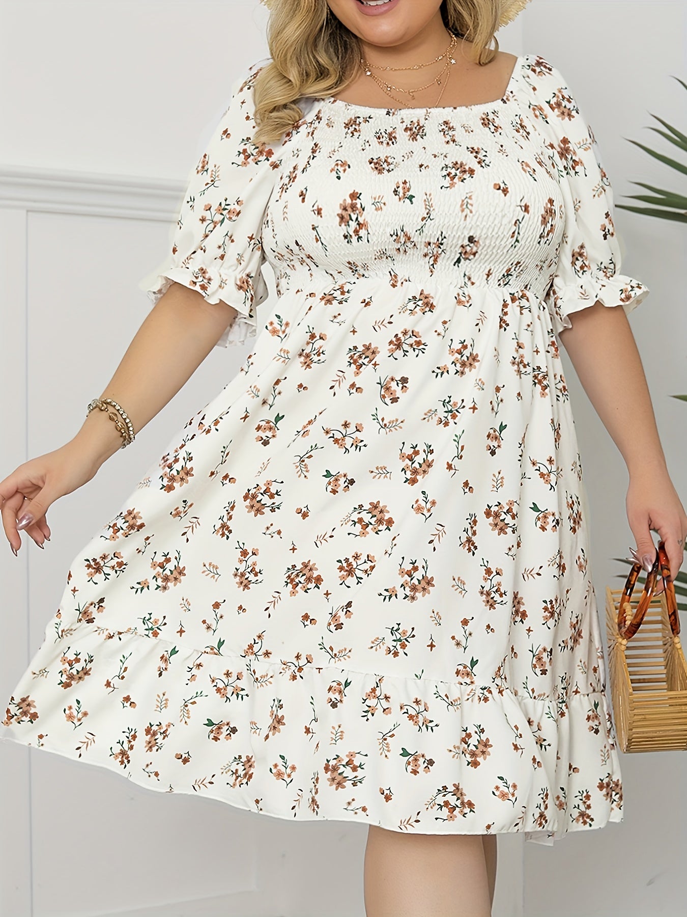  Floral Print Puff Sleeve Ruffle Trim Dress