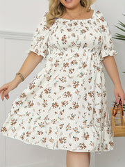  Floral Print Puff Sleeve Ruffle Trim Dress