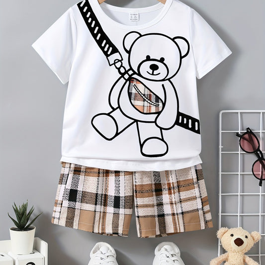 Boy's Bear Graphic Casual Outfit T-Shirt & Plaid Shorts Summer Clothes