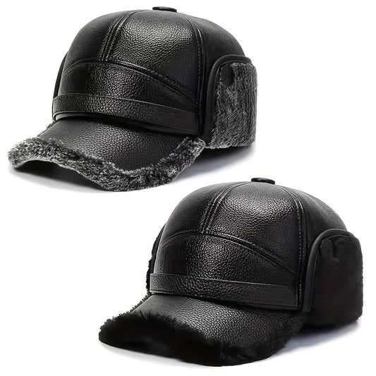 Faux Leather Winter Dad Baseball Cap with Earflaps