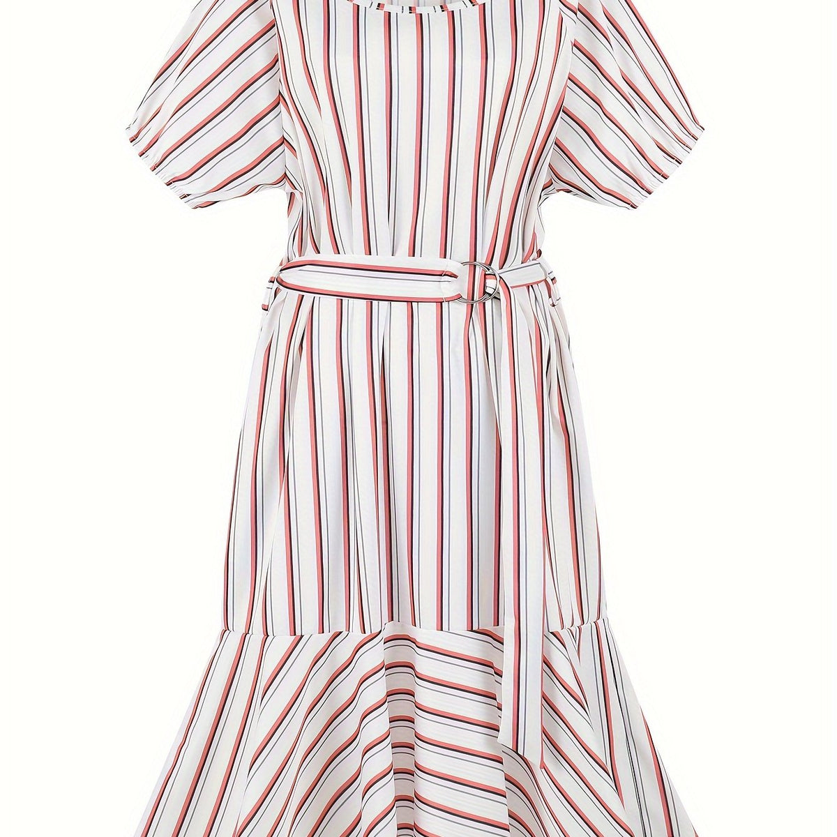 Striped Short Sleeve Midi Dress With Belt