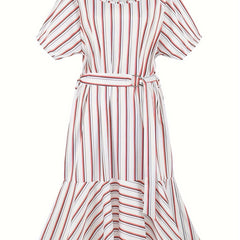  Striped Short Sleeve Midi Dress With Belt