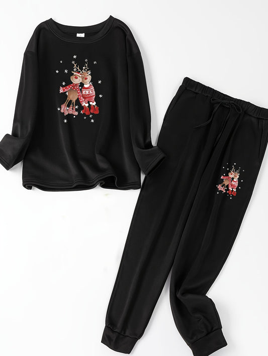  Elk & Snowflake Print Fleece Top & Joggers Pajamas Set