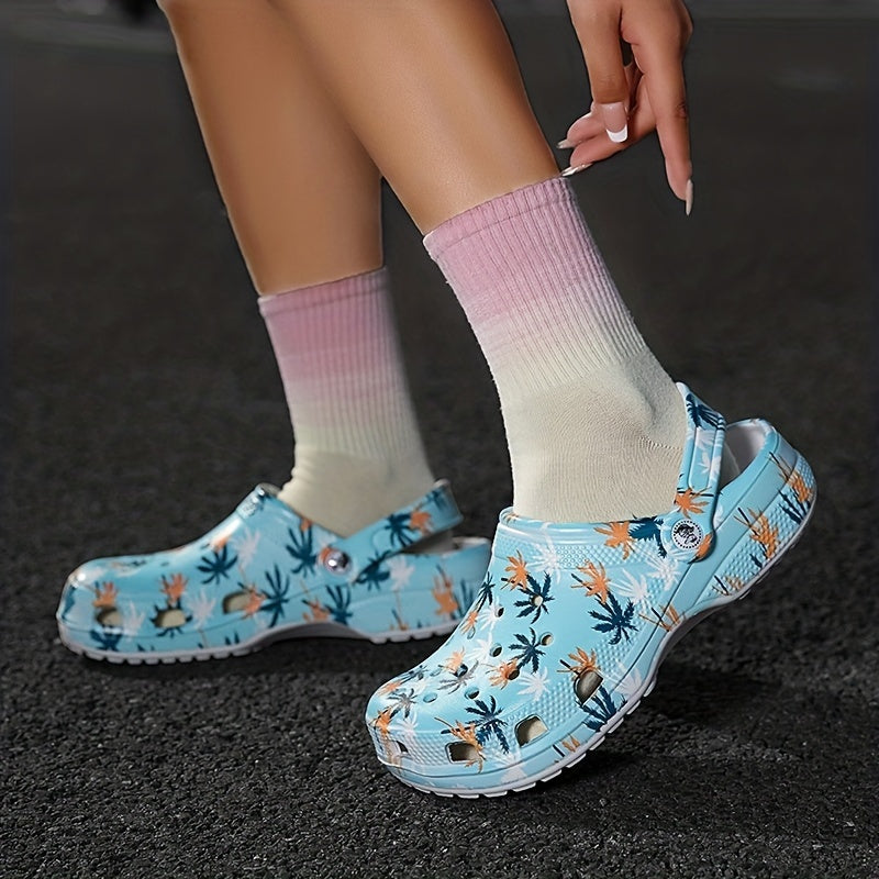 Women's Coconut Leaves Pattern Clogs Slip On Beach Shoes