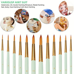 12Pcs Artist Paint Brushes Set - Round Pointed Tip Nylon Hair
