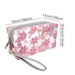 Floral Pattern PVC Makeup Bag Clear Cosmetic Bag With Wrist Strap