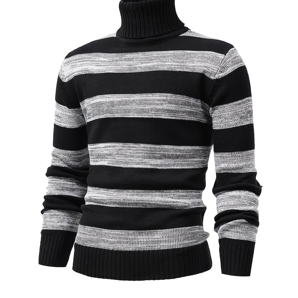 Men's Turtle Neck Knit Sweater Warm Striped Pullover for Fall Winter