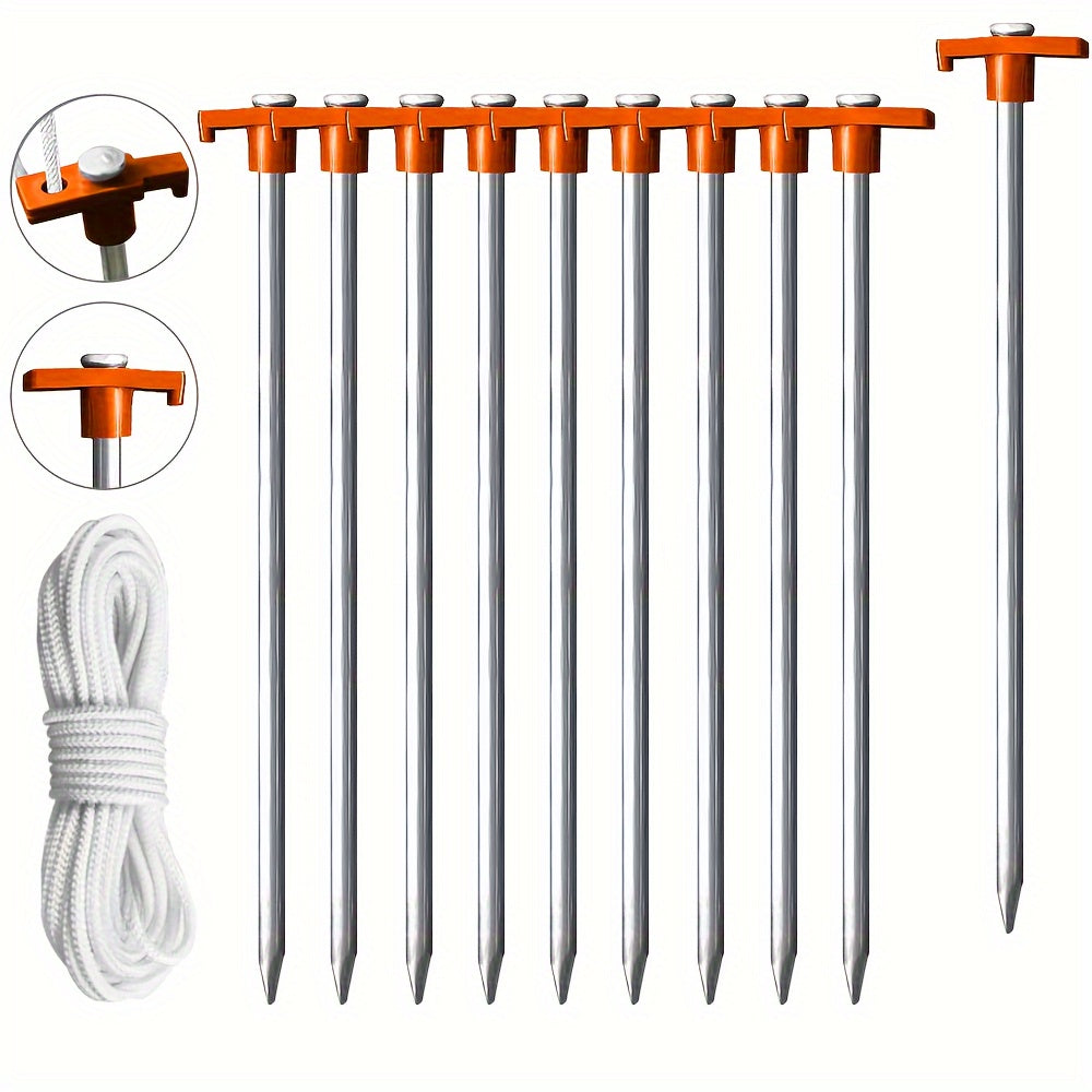10pcs Stainless Steel Tent Ground Nails with Ropes & Stopper