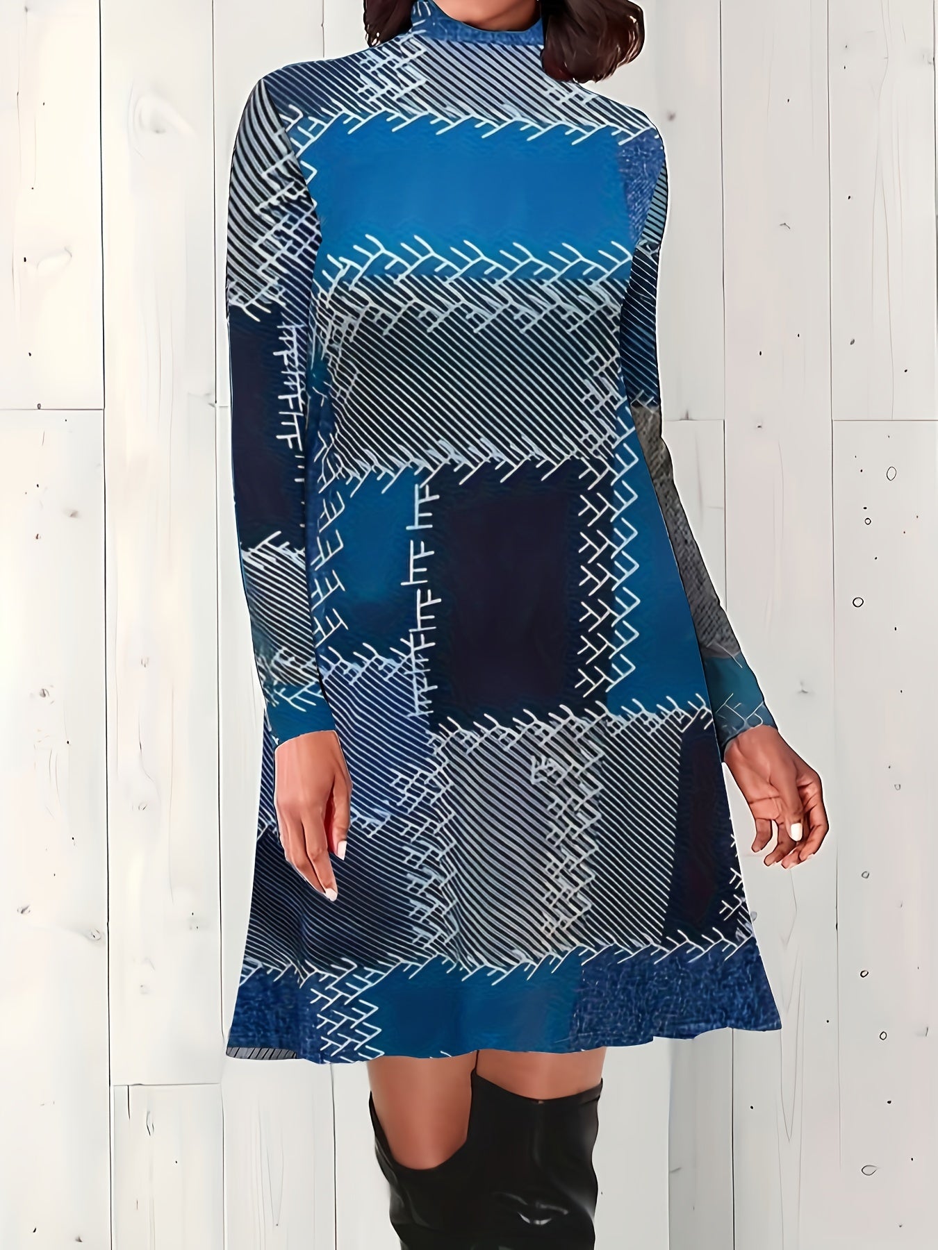  Colorblock Graphic Print High Neck Dress