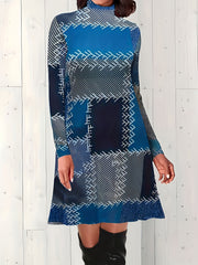  Colorblock Graphic Print High Neck Dress