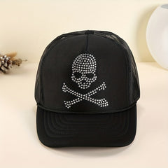 Rhinestone Skull Trucker Hat Mesh Unisex Baseball Cap Adjustable