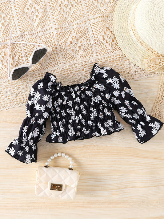 Baby Girls Boho Floral Embroidered Mesh Puff Sleeve Crop Top