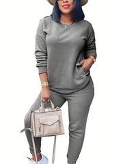  Women's Plain Top & Pants Outfit Two Piece Set