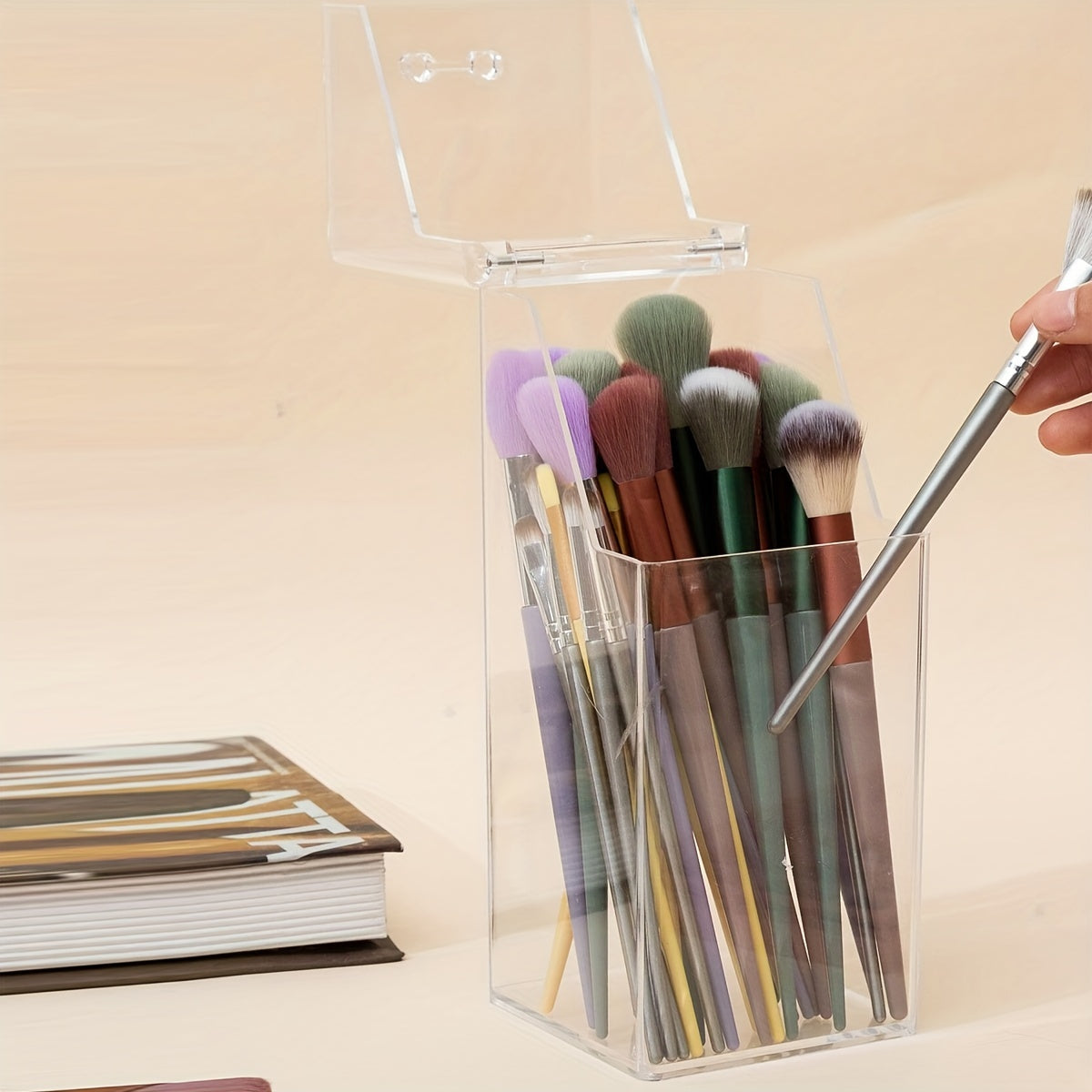 Acrylic Makeup Brush Holder With Lid Cover