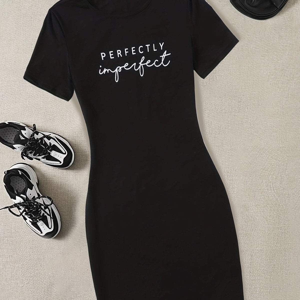  Women's Casual Letter Print Short Sleeve Stretch Slim Fit Dress