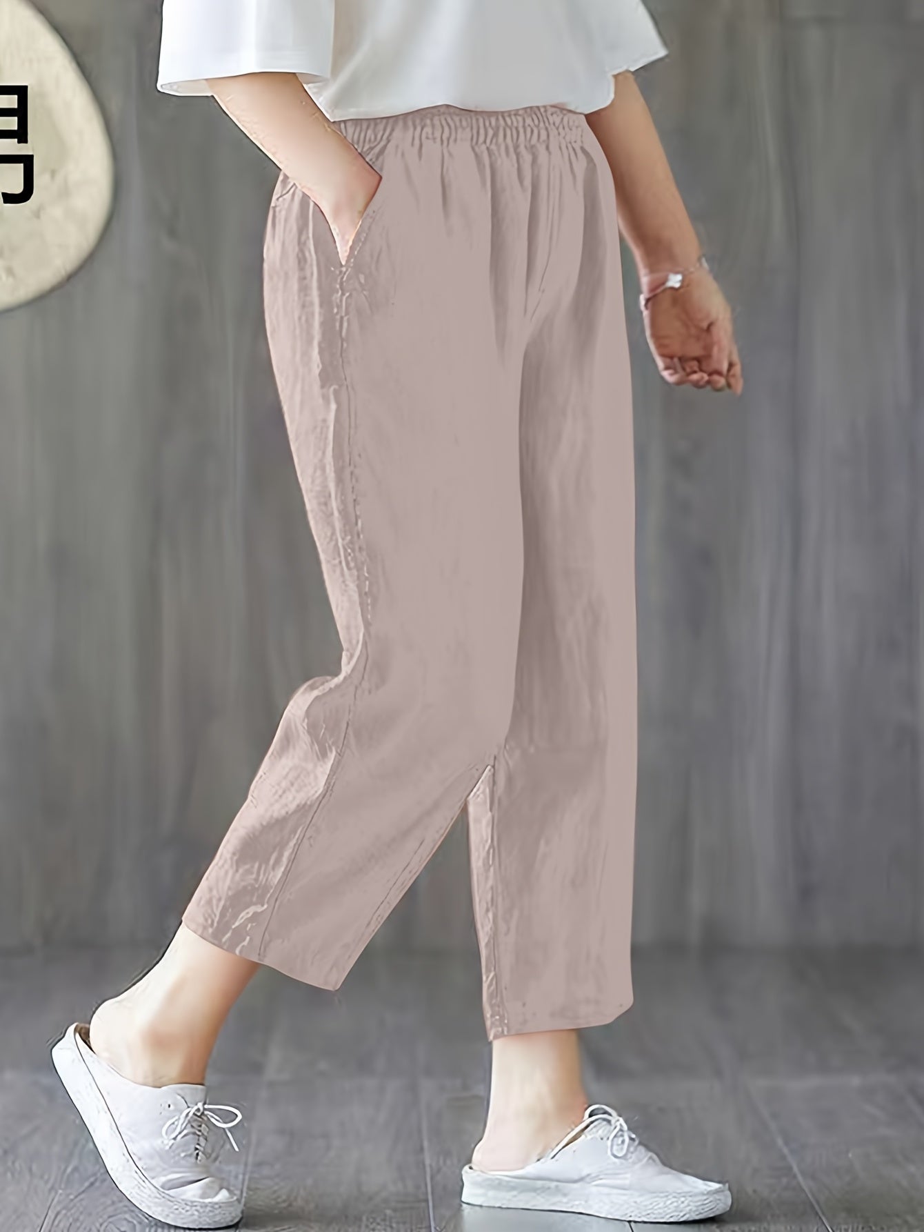  Elastic High Rise Crop Pants with Pockets