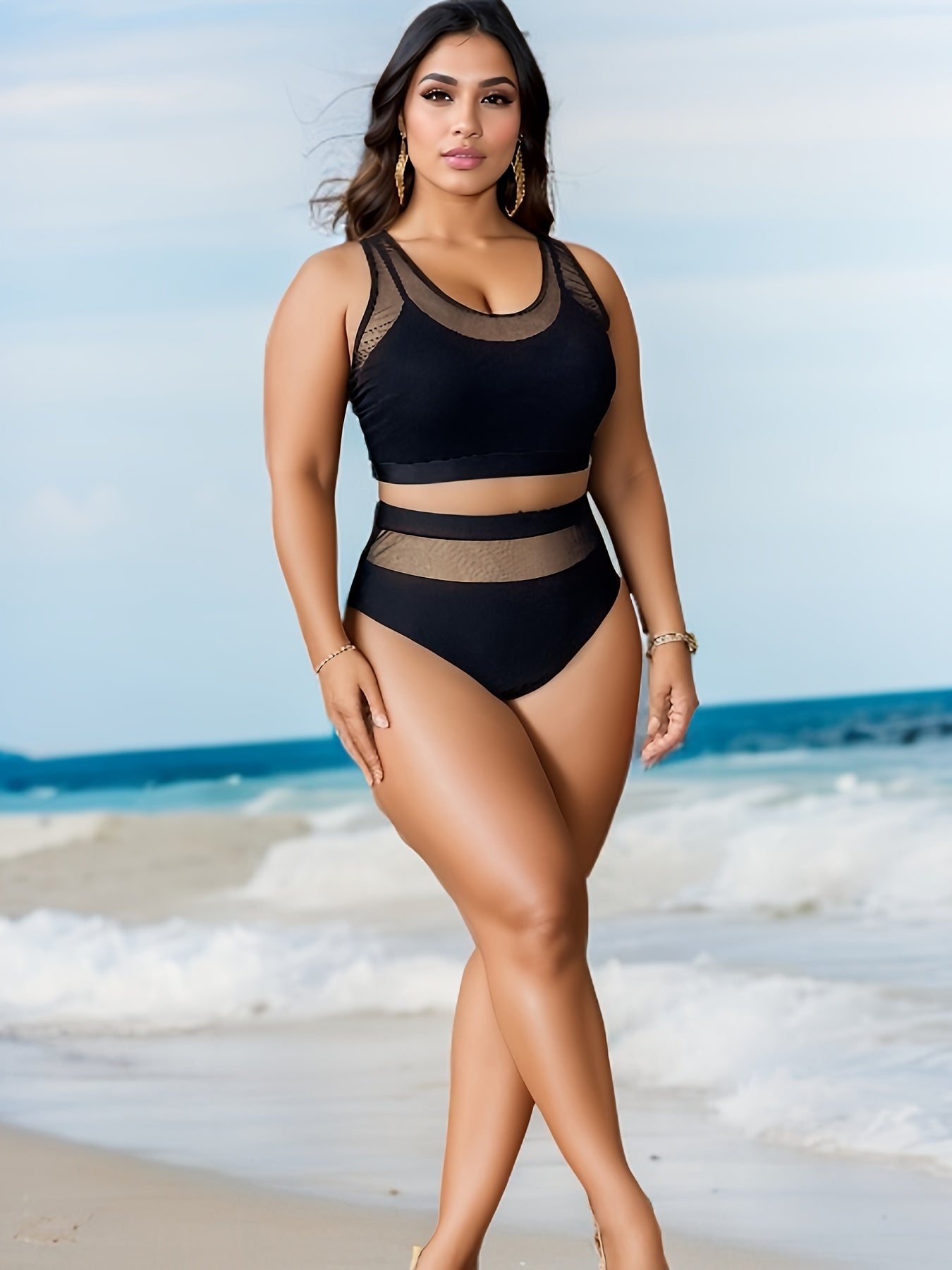  Mesh Tank Bra & High Waisted Panty Swimsuit Set