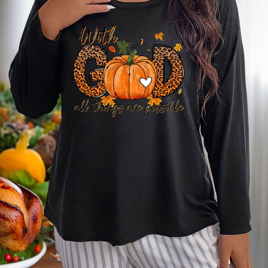  Leopard Pumpkin Graphic Long Sleeve Round Neck T-shirt