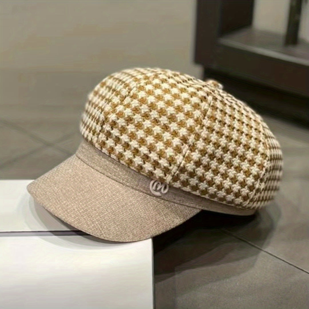 Women's Adjustable Houndstooth Newsboy Hat Lightweight Beret Cap