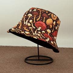 Foldable Sunshade Bucket Hat Mushroom Print Double Sided Sun Hat
