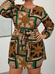  Scarf Print Lantern Sleeve A line Dress