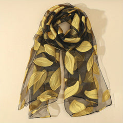 Silk Organza Scarf Leaf Embroidery Windproof Travel Head Wrap