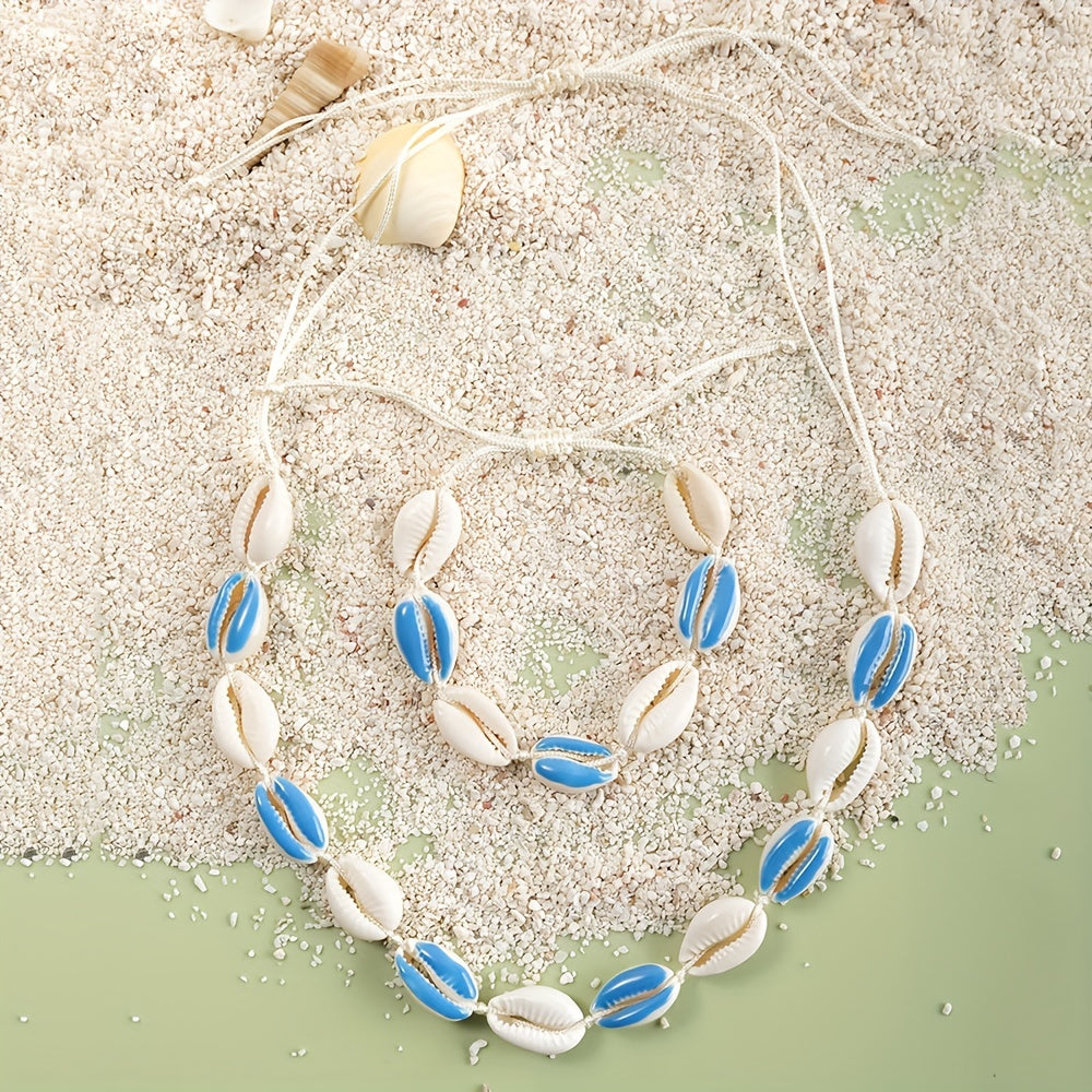 Colorful Shell Necklace & Bracelet Set, Adjustable Braided Jewelry