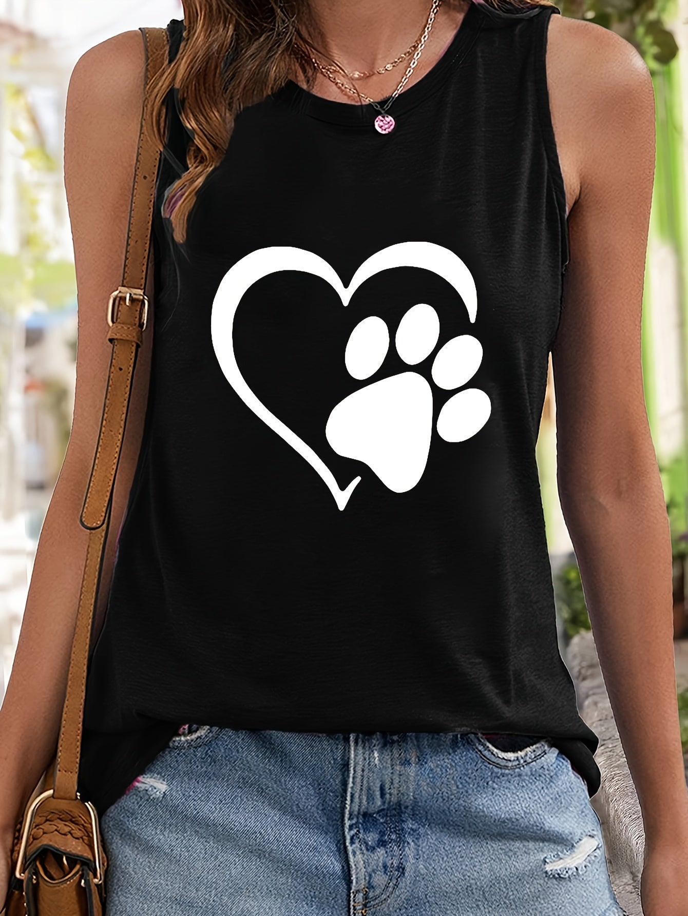 Dog Paw & Heart Print Tank Top Sleeveless Stretchy Fit