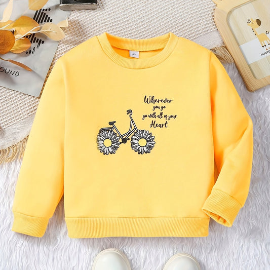 Floral Bicycle Graphic Sweatshirt For Girls Comfy Round Neck Pullover Tops