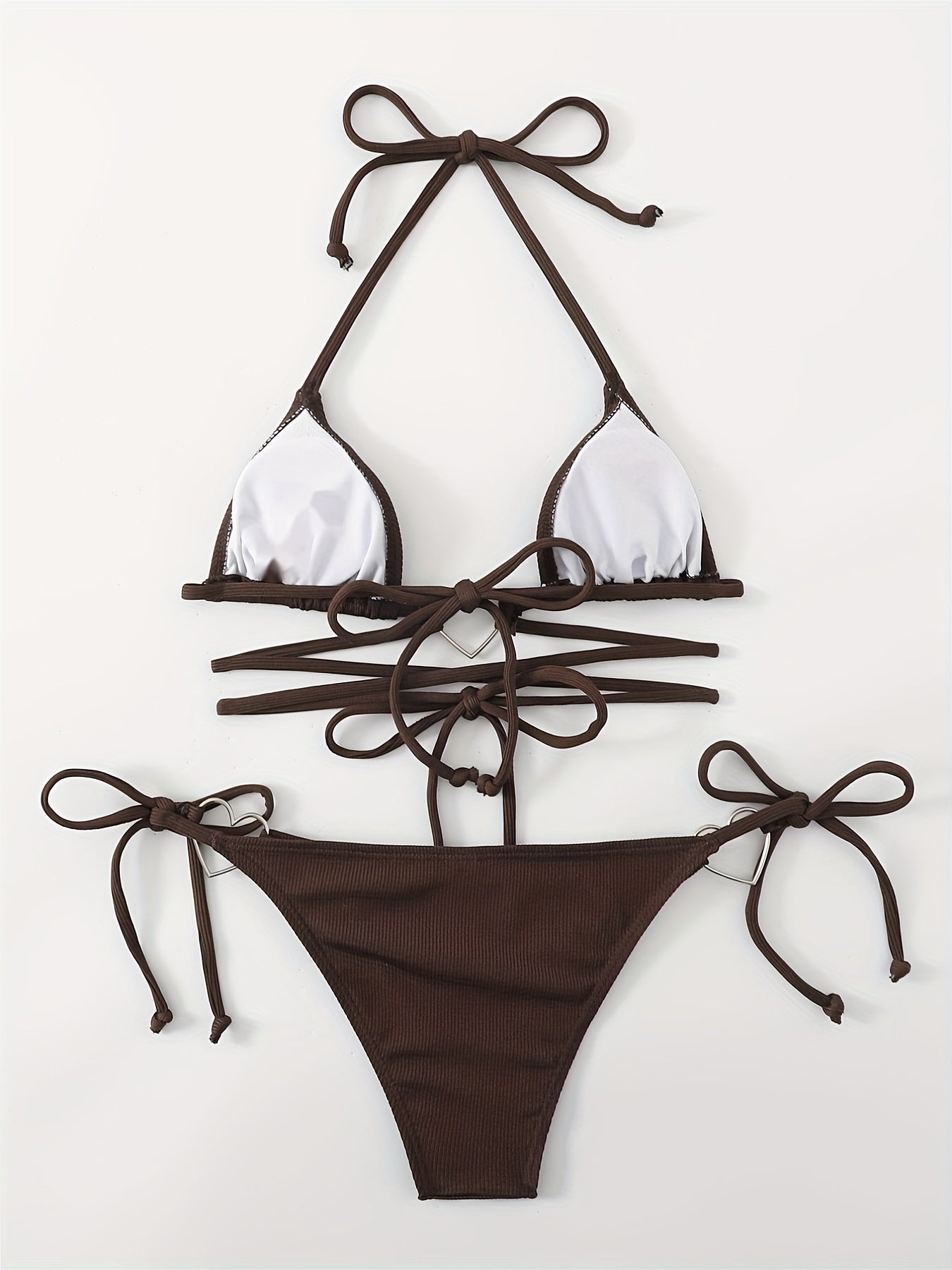 Heart Linked Halter Neck Rib Knit Bikini Set