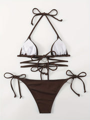 Heart Linked Halter Neck Rib Knit Bikini Set