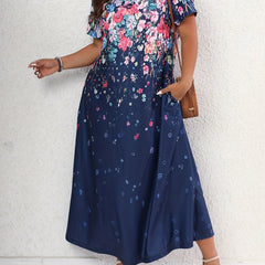  Floral Print Short Sleeve Maxi Dress With Pockets