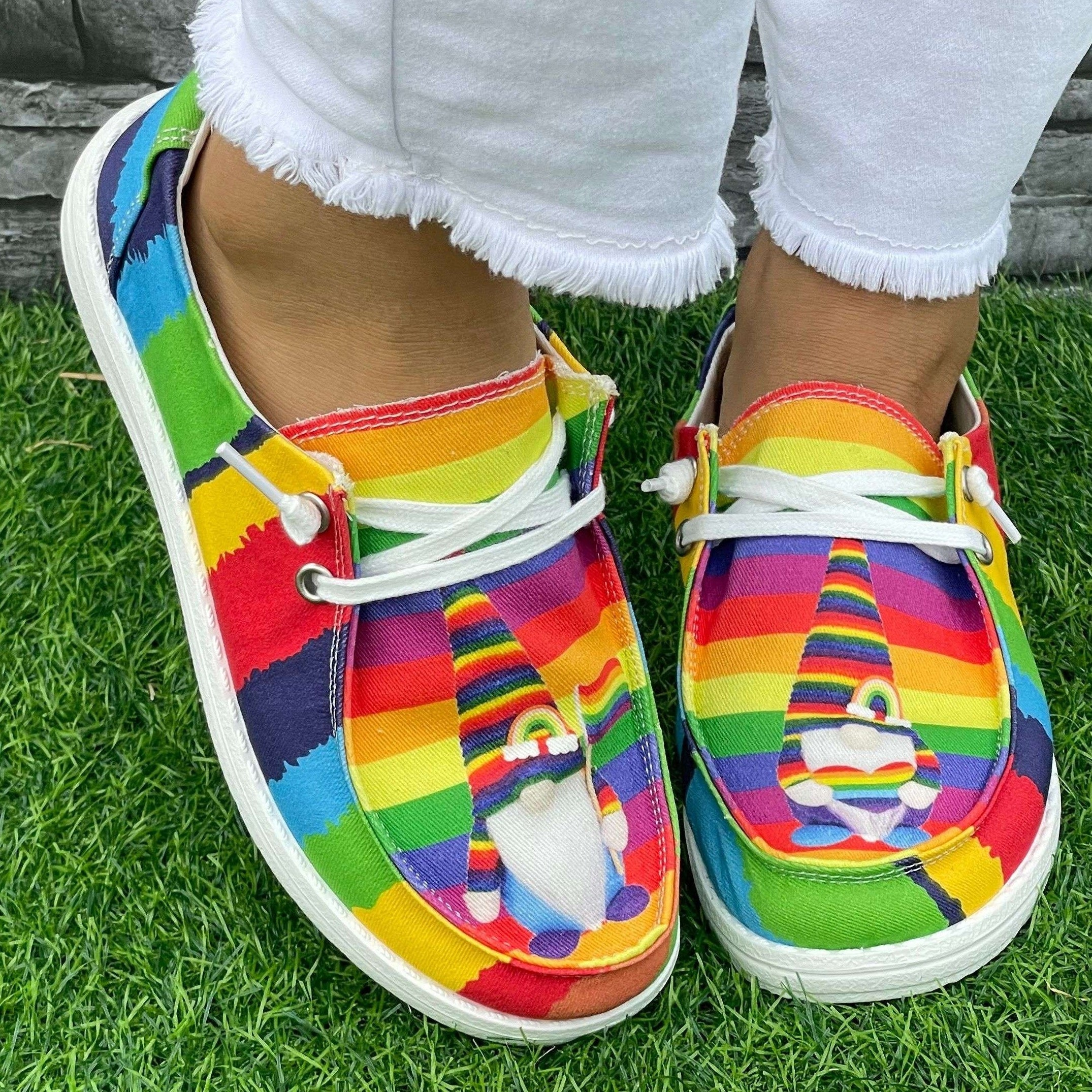 Rainbow Strip Dwarf Pattern Flat Shoes Women's Lightweight Casual Shoes