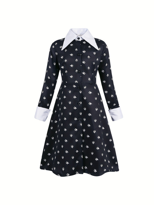 Girls Casual Floral Graphic Print Long Sleeve Button Costume Dress